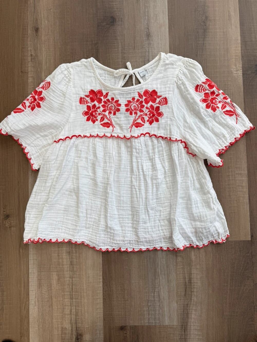 Gap Women’s White Red Embroidered Gauze Cotton Peasant Top XL